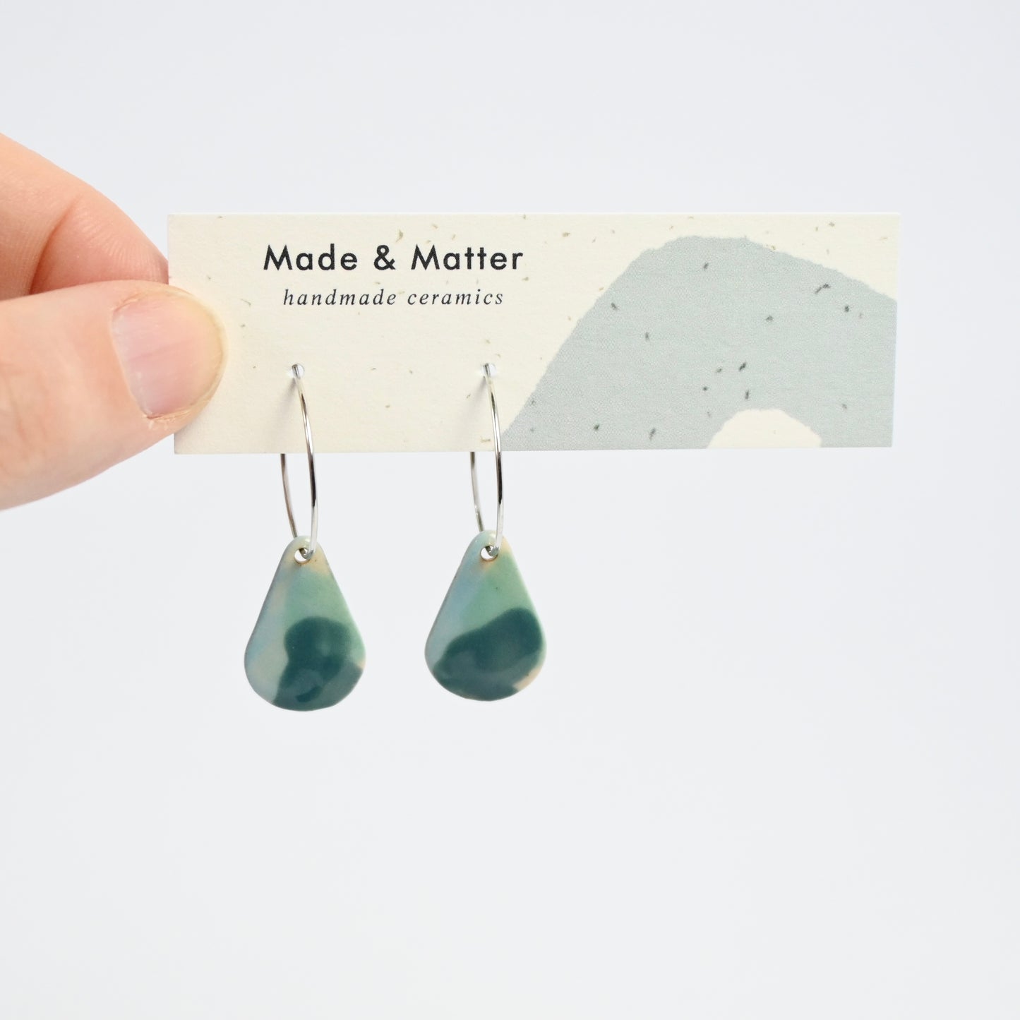 Ceramic Earrings - Silver Hoop Teardrop